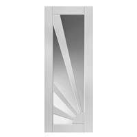 Aurora White Primed Glazed 35x1981x610mm internal door features a bold retro-style sunshine pattern that will make a statement in any room throughout your home. This door benefits from solid core construction. It is suitable for Pocket Door System.