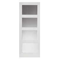 Cayman White Primed Glazed 35x1981x762mm internal door features shaker panel, MDF face with four clear glazed panels and it is high quality white primed for finish painting. This door benefits from solid core construction.