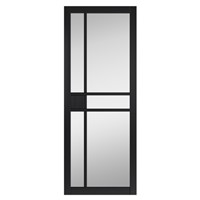 City Black Painted Clear Glazed 35x1981x686mm Internal Door features Contemporary art deco style door design. This door is comprised of clear flat safety glass, constructed with individual panes of glass for added stability.