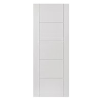 Tigris White FD30 44x1981x762mm contemporary internal door comes pre-finished with white 5 ladder style panels, grooved into MDF. This door benefits from standard core construction.